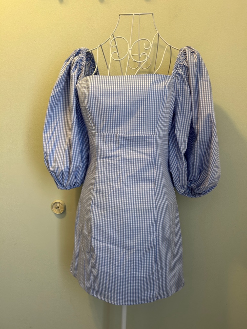 Forever 21 Light Blue Gingham Puff-Sleeve Mini Dress